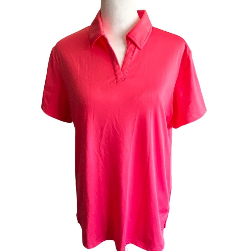 NWOT Women Hot Pink V-Neck Polo Shirt Short Sleeve Athletic Golf Top Large